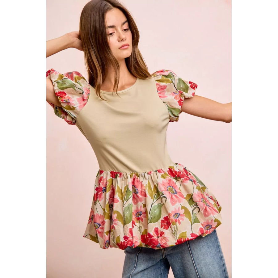 BiBi Floral Printed Bubble Sleeves and Hem Peplum Top Apparel and Accessories