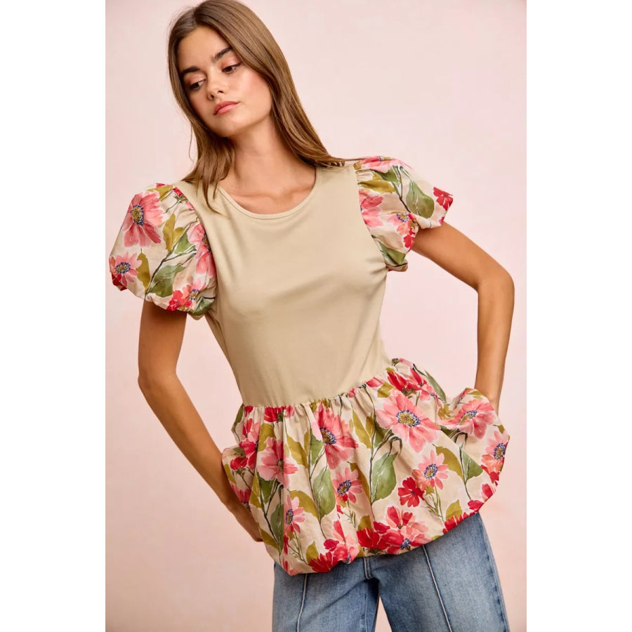 BiBi Floral Printed Bubble Sleeves and Hem Peplum Top Apparel and Accessories