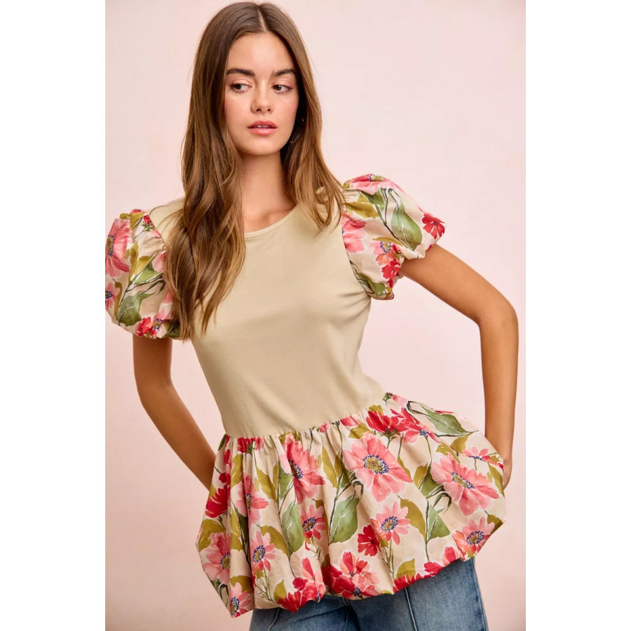 BiBi Floral Printed Bubble Sleeves and Hem Peplum Top FLORAL / S Apparel and Accessories