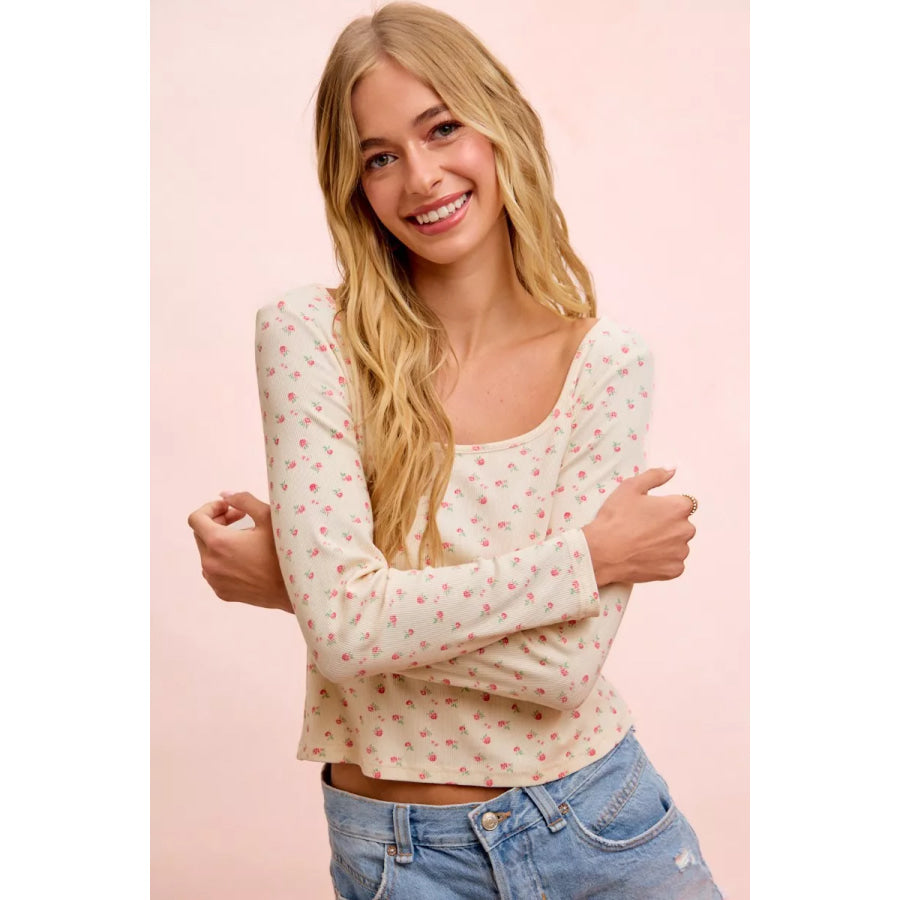 BiBi Floral Printed Spandex Jersey Long Sleeve Top Apparel and Accessories