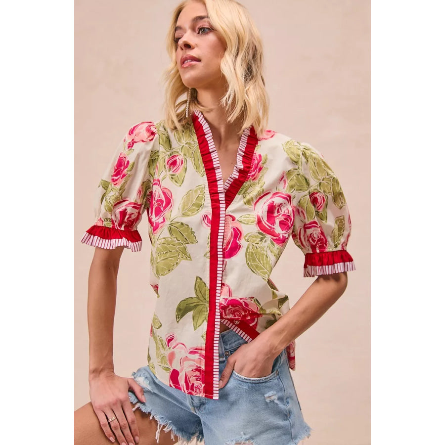 BiBi Floral Printed Woven Contrast Edge Ruffled Blouse Apparel and Accessories
