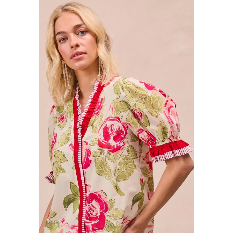 BiBi Floral Printed Woven Contrast Edge Ruffled Blouse Apparel and Accessories