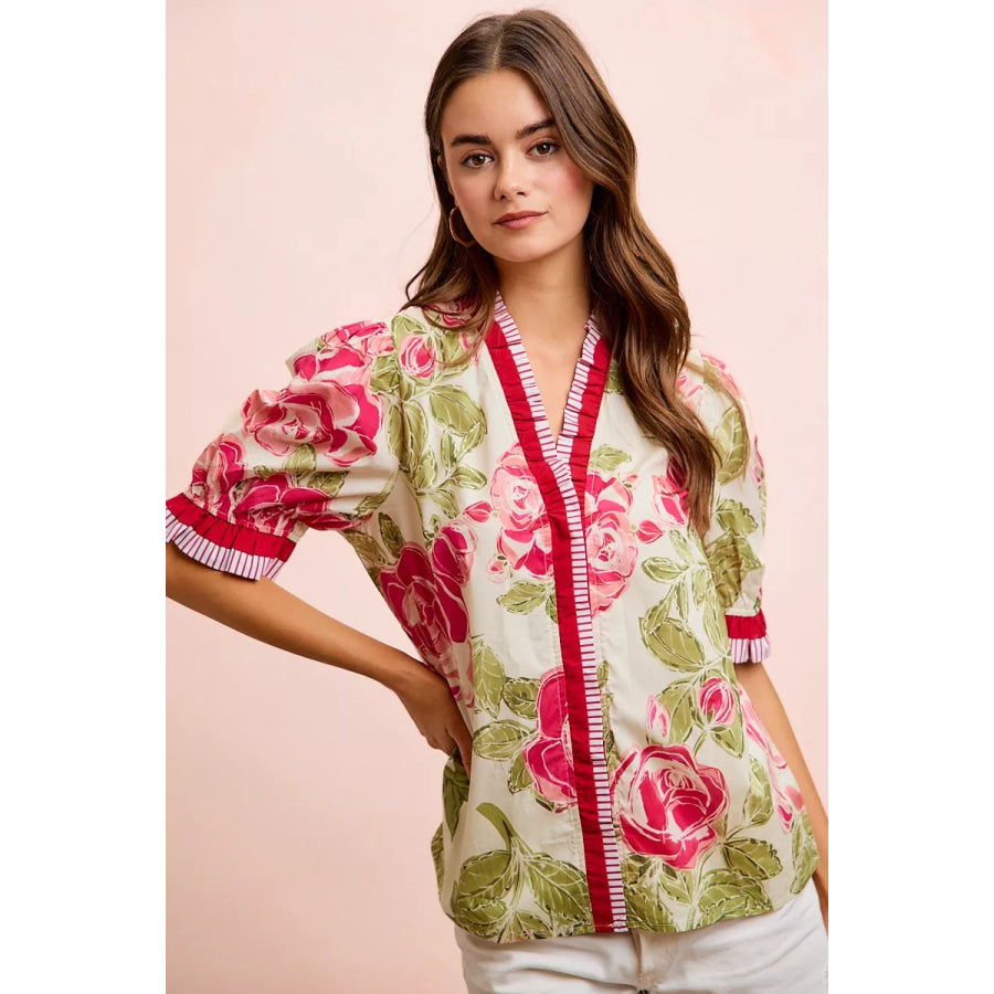 BiBi Floral Printed Woven Contrast Edge Ruffled Blouse Apparel and Accessories