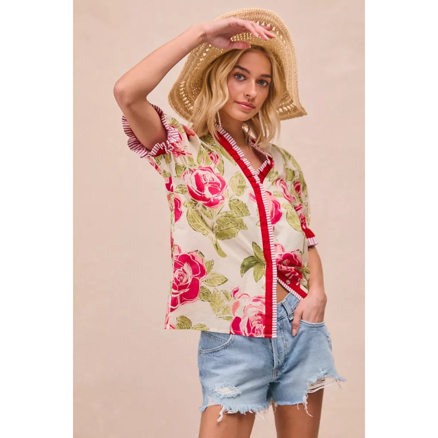 BiBi Floral Printed Woven Contrast Edge Ruffled Blouse Apparel and Accessories