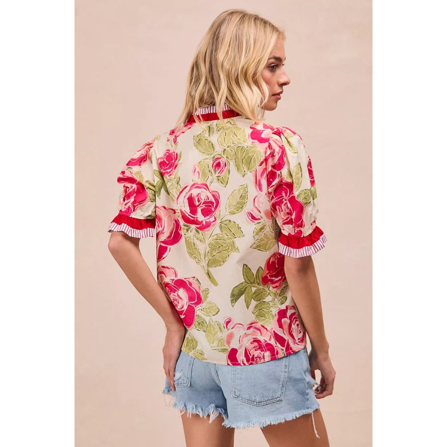 BiBi Floral Printed Woven Contrast Edge Ruffled Blouse Apparel and Accessories