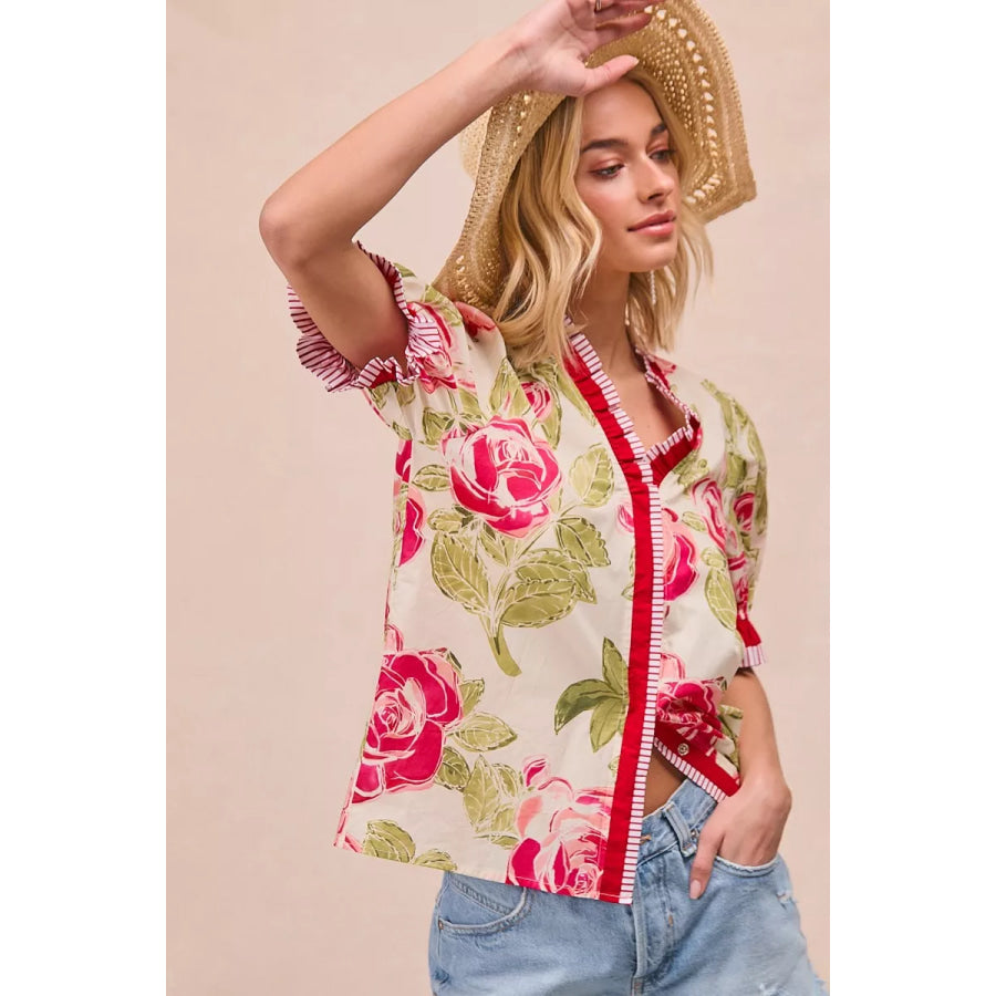 BiBi Floral Printed Woven Contrast Edge Ruffled Blouse Apparel and Accessories