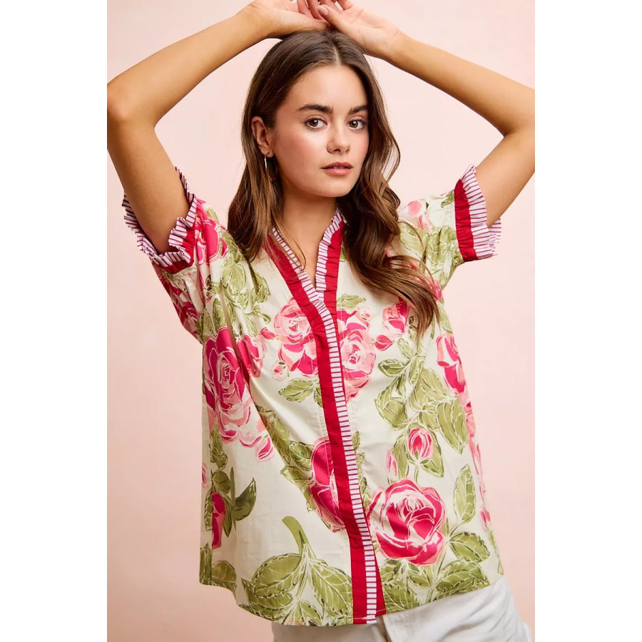 BiBi Floral Printed Woven Contrast Edge Ruffled Blouse Coral / S Apparel and Accessories