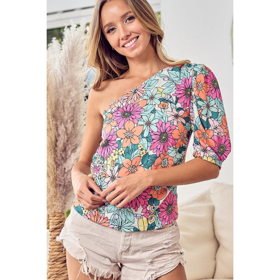 BiBi Floral Puff Sleeve One Shoulder Top Apparel and Accessories