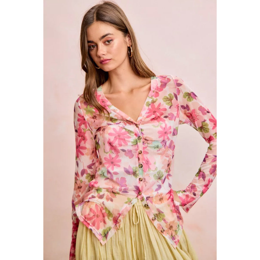 BiBi Floral Shrried Detail Button Up Mesh Cardigan Top Apparel and Accessories