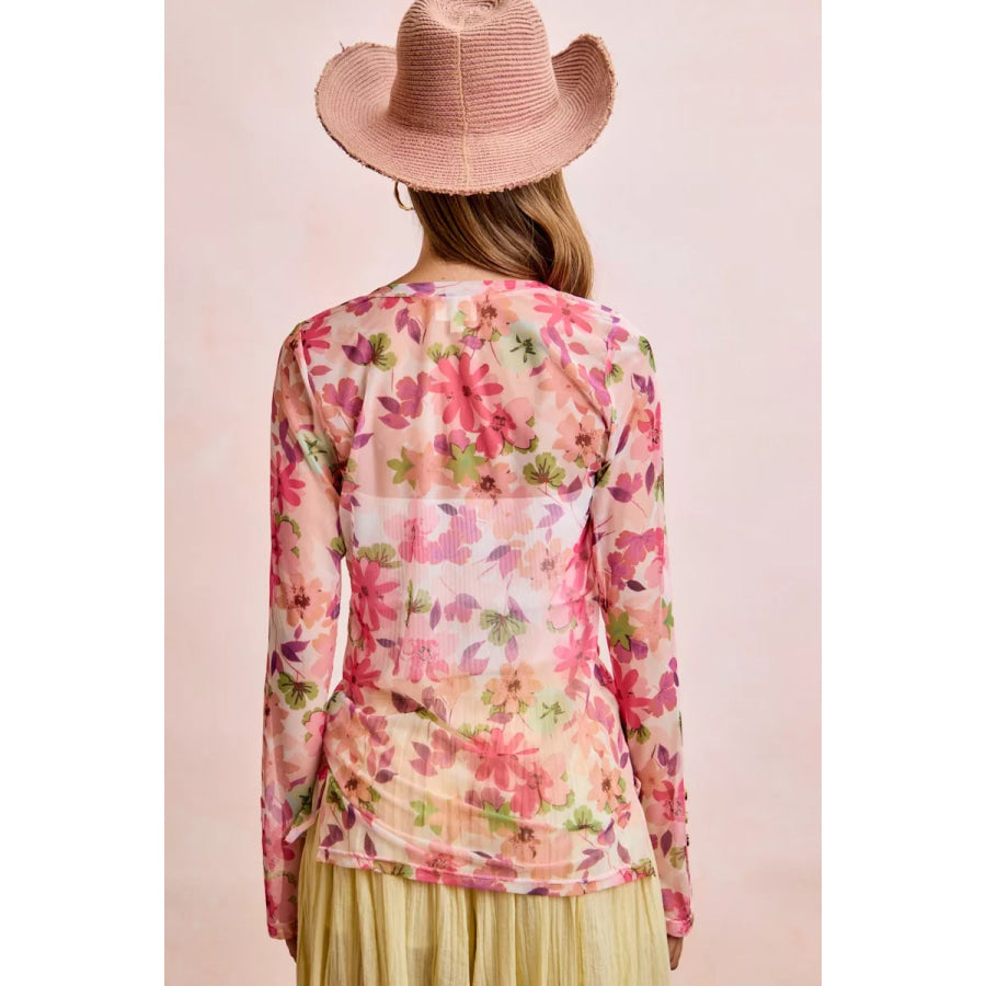BiBi Floral Shrried Detail Button Up Mesh Cardigan Top Apparel and Accessories