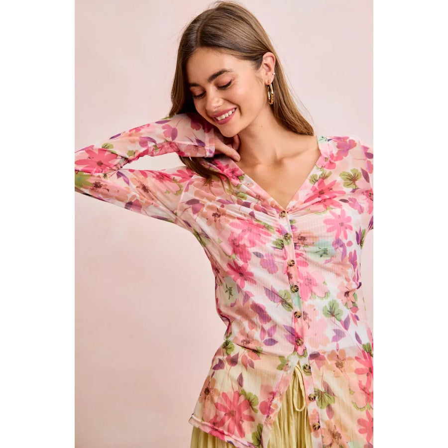 BiBi Floral Shrried Detail Button Up Mesh Cardigan Top Apparel and Accessories