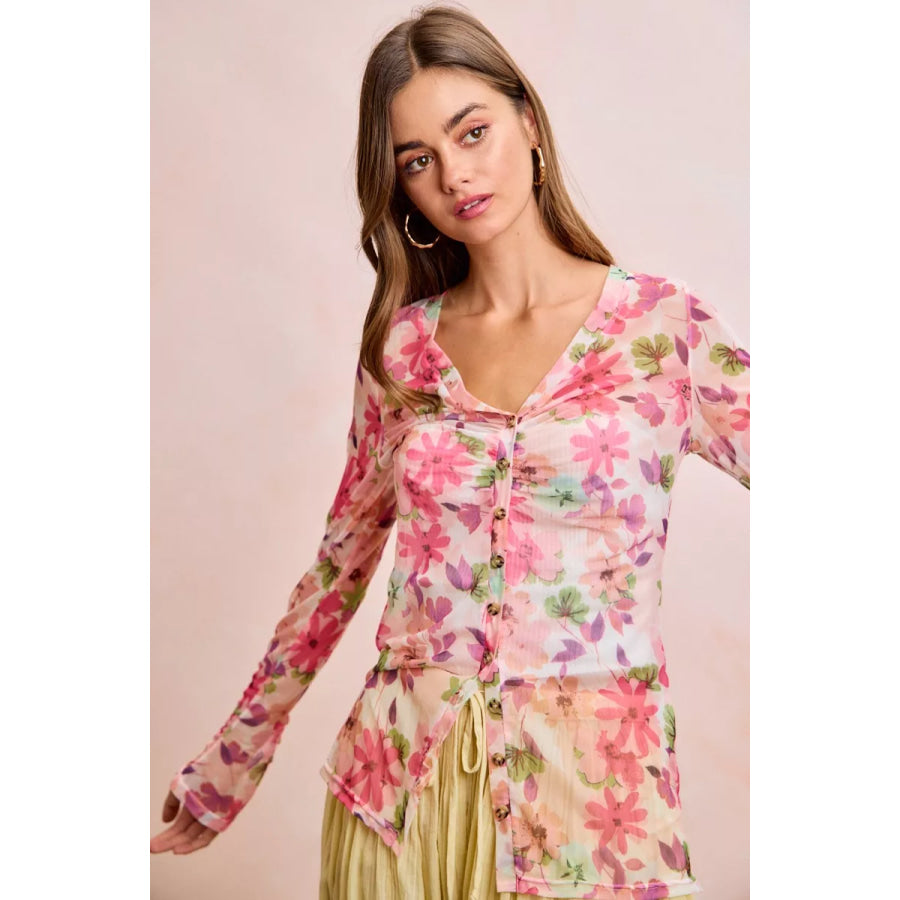 BiBi Floral Shrried Detail Button Up Mesh Cardigan Top Apparel and Accessories