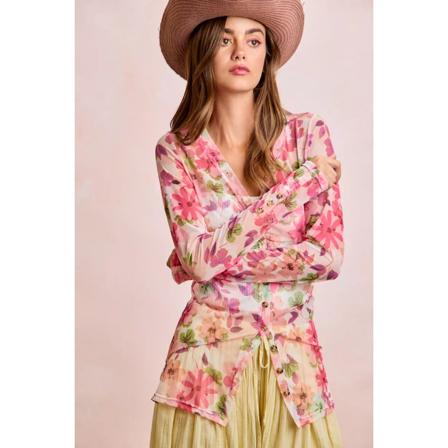 BiBi Floral Shrried Detail Button Up Mesh Cardigan Top Apparel and Accessories