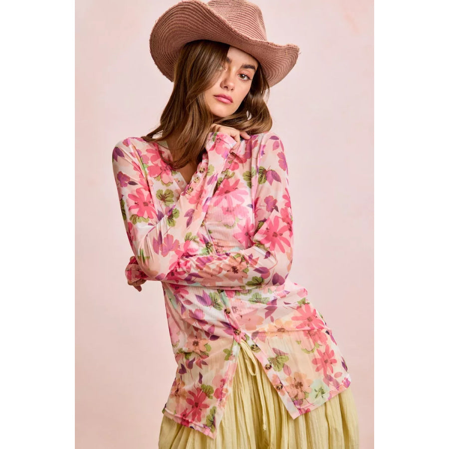 BiBi Floral Shrried Detail Button Up Mesh Cardigan Top Apparel and Accessories