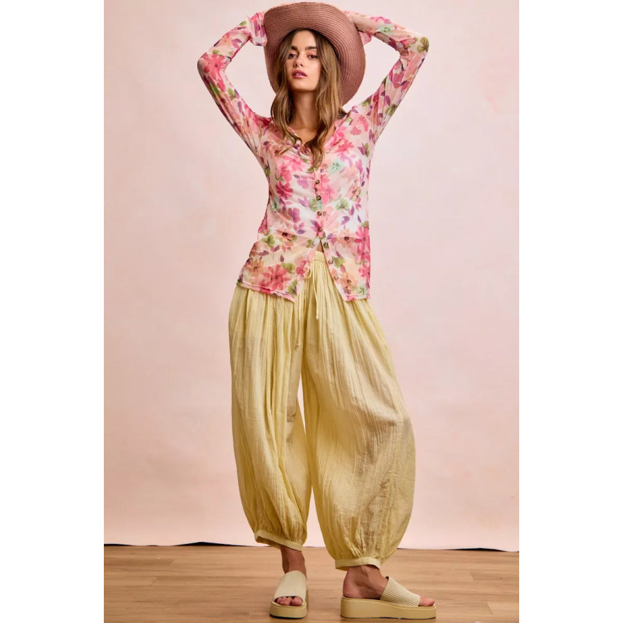 BiBi Floral Shrried Detail Button Up Mesh Cardigan Top Apparel and Accessories