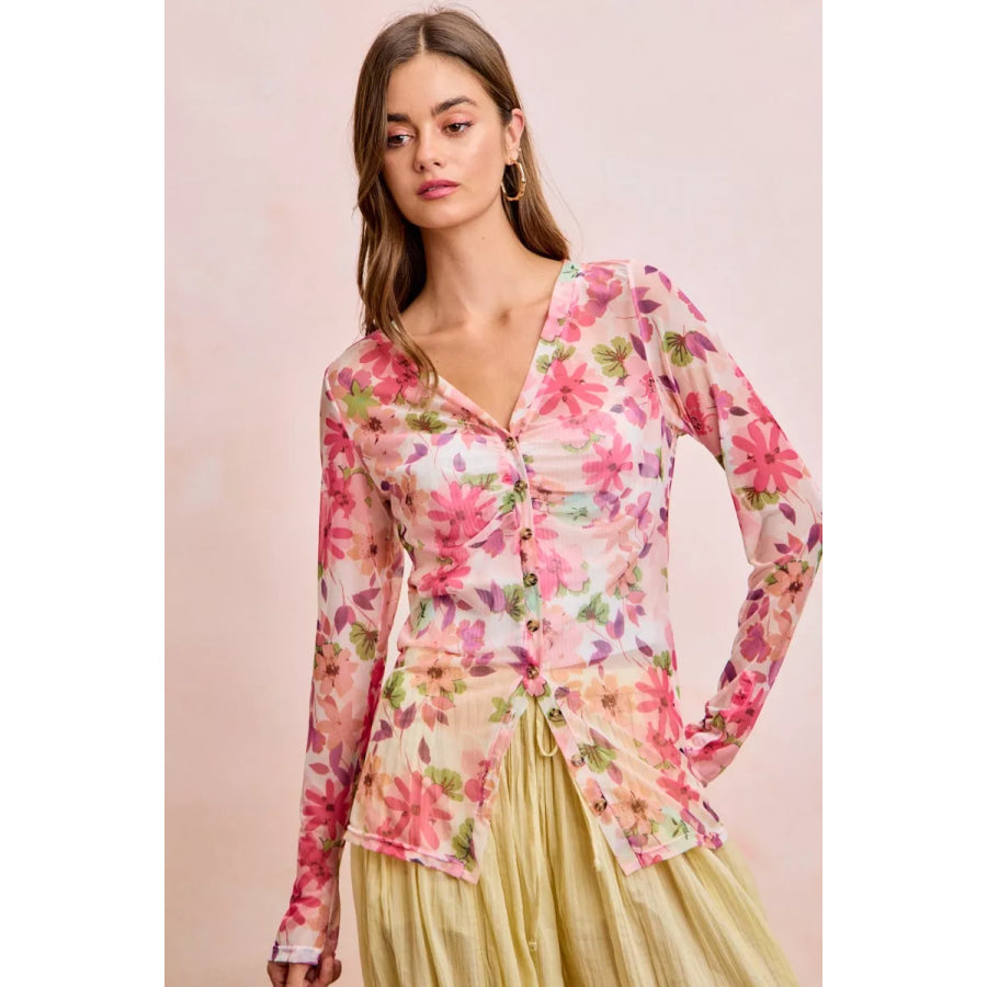 BiBi Floral Shrried Detail Button Up Mesh Cardigan Top Apparel and Accessories