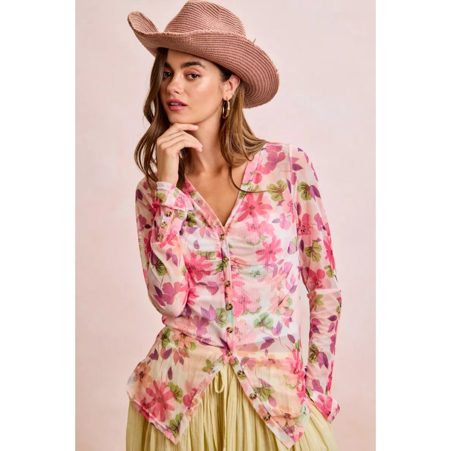 BiBi Floral Shrried Detail Button Up Mesh Cardigan Top Apparel and Accessories
