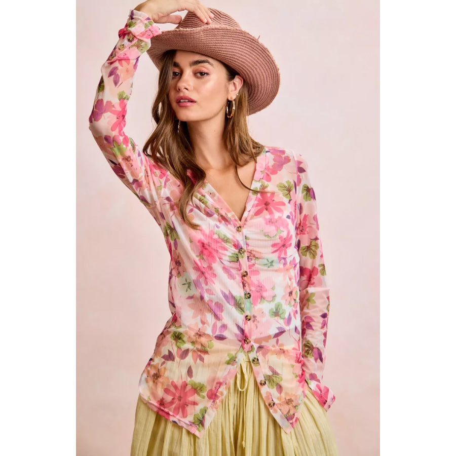 BiBi Floral Shrried Detail Button Up Mesh Cardigan Top Apparel and Accessories