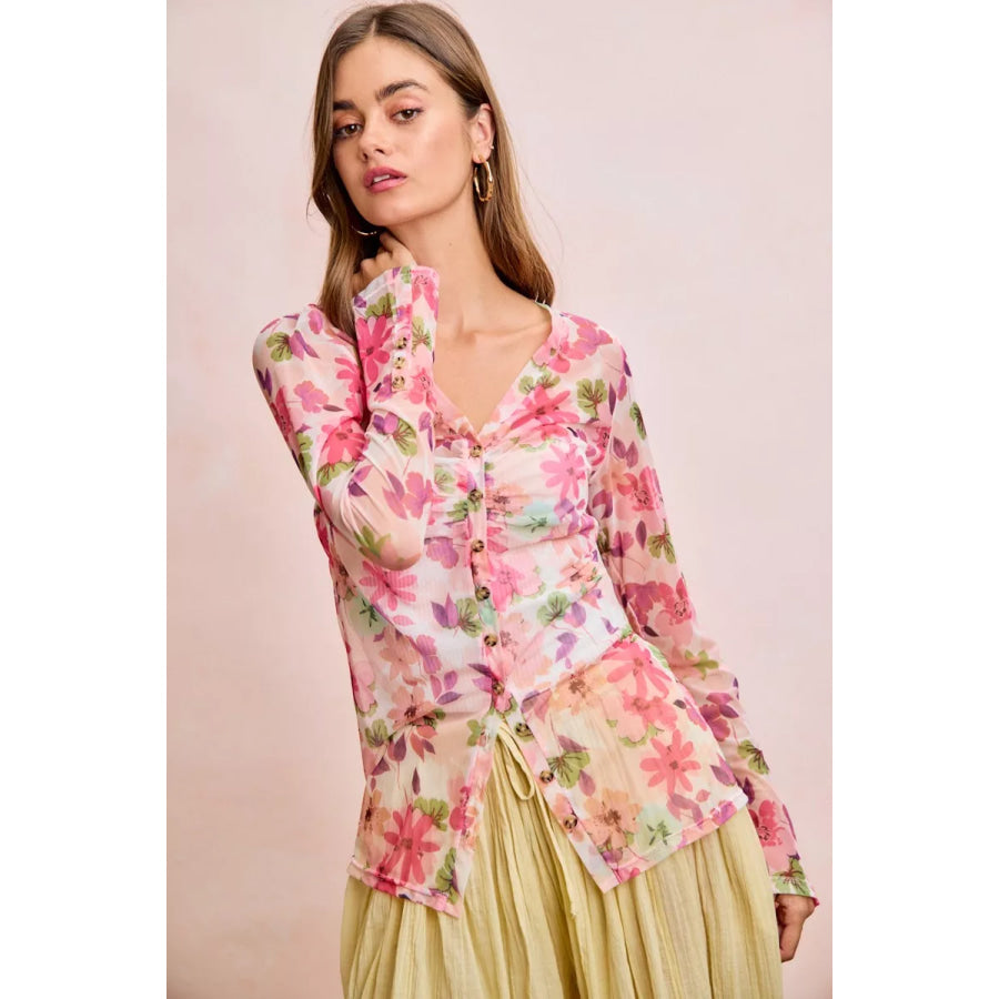 BiBi Floral Shrried Detail Button Up Mesh Cardigan Top Apparel and Accessories