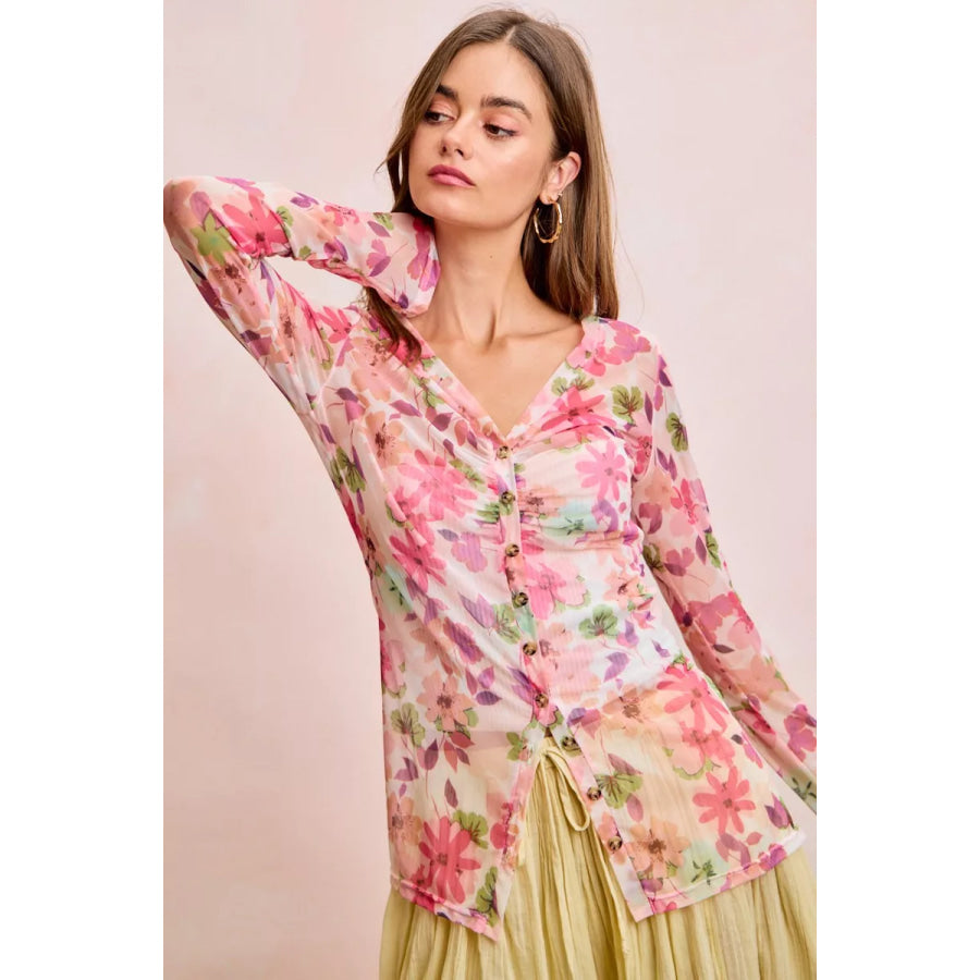 BiBi Floral Shrried Detail Button Up Mesh Cardigan Top Apparel and Accessories