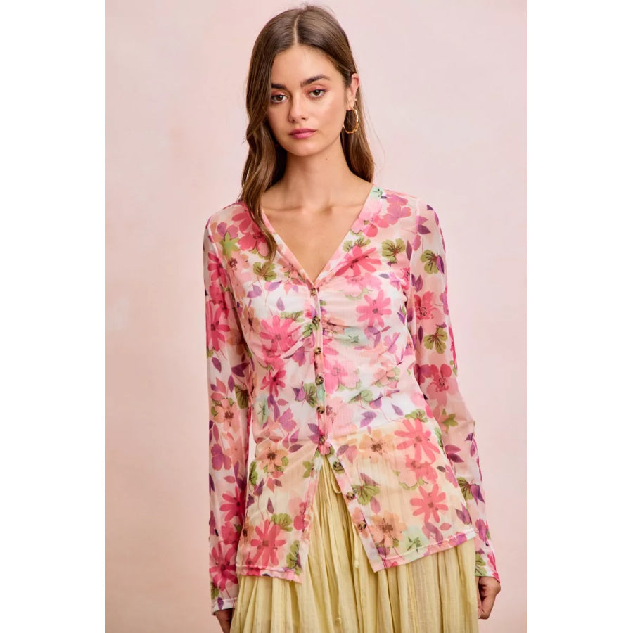 BiBi Floral Shrried Detail Button Up Mesh Cardigan Top Apparel and Accessories