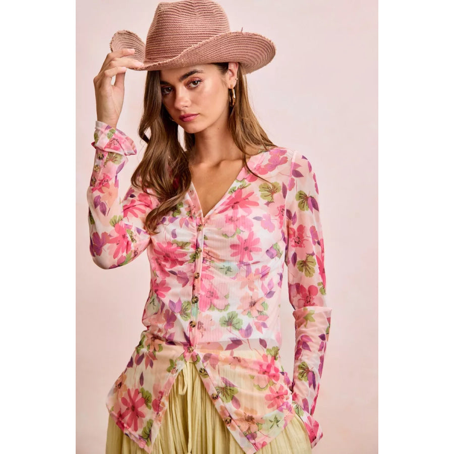 BiBi Floral Shrried Detail Button Up Mesh Cardigan Top Apparel and Accessories