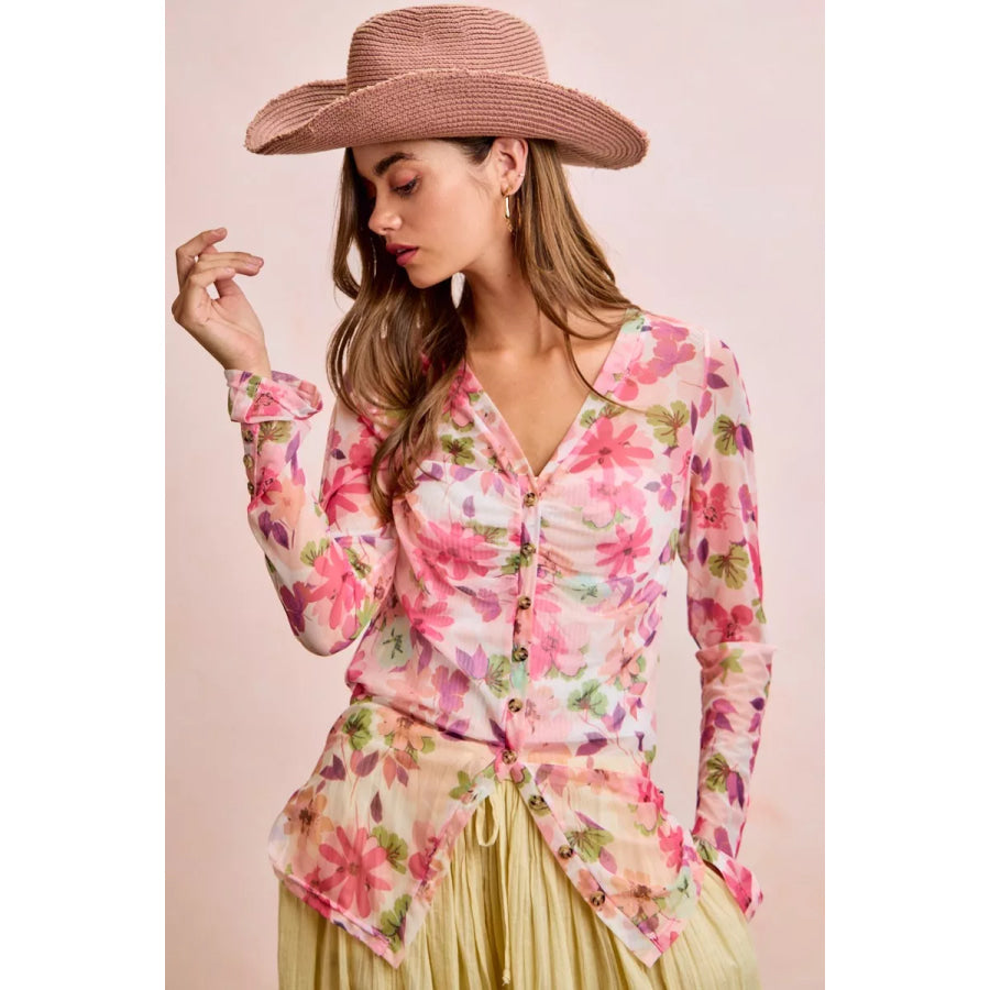 BiBi Floral Shrried Detail Button Up Mesh Cardigan Top Apparel and Accessories
