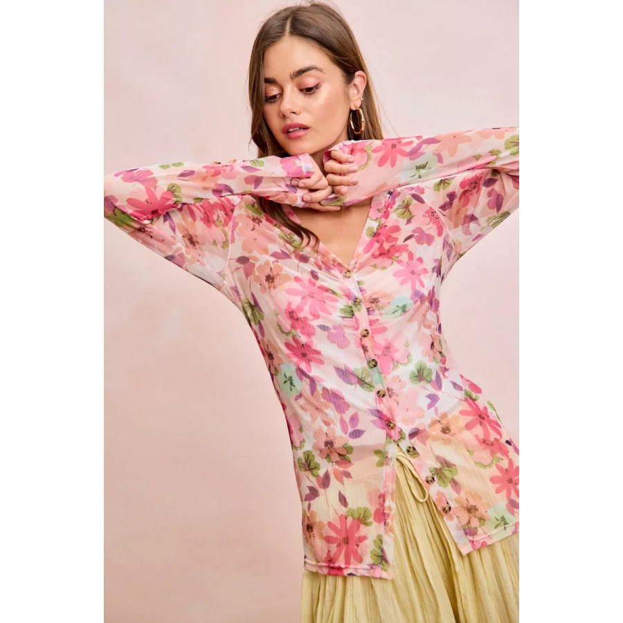 BiBi Floral Shrried Detail Button Up Mesh Cardigan Top Apparel and Accessories
