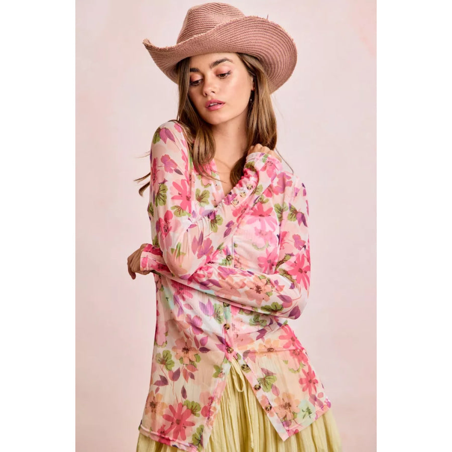 BiBi Floral Shrried Detail Button Up Mesh Cardigan Top Apparel and Accessories