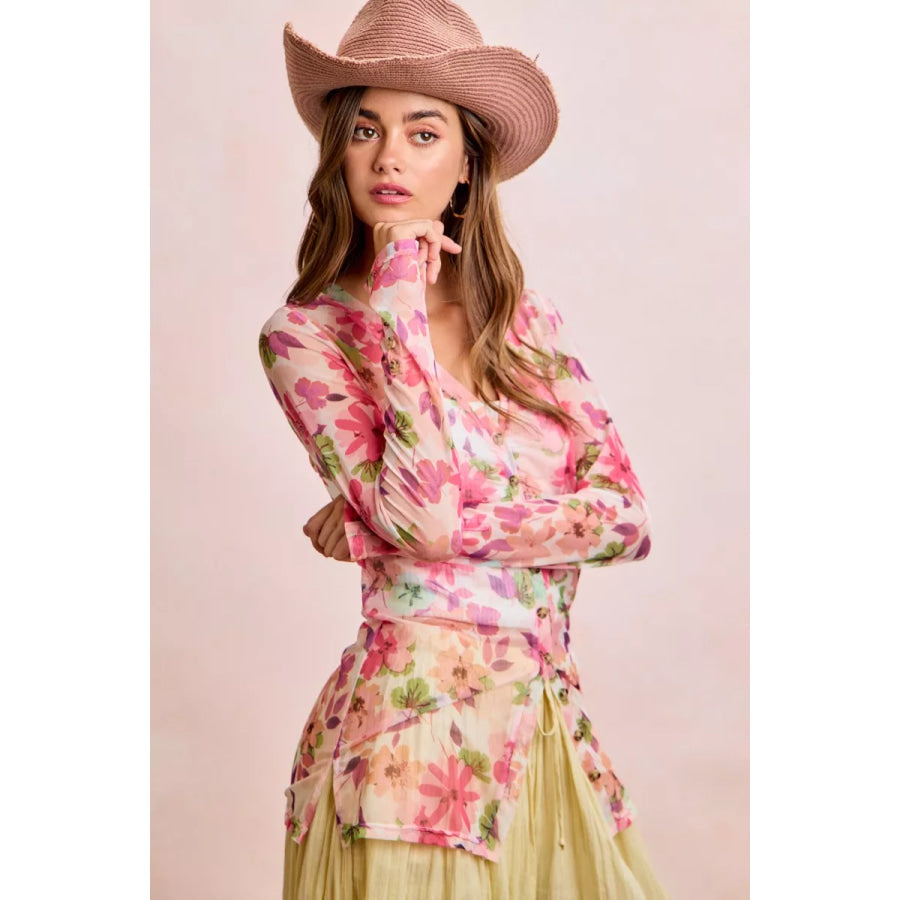 BiBi Floral Shrried Detail Button Up Mesh Cardigan Top Apparel and Accessories