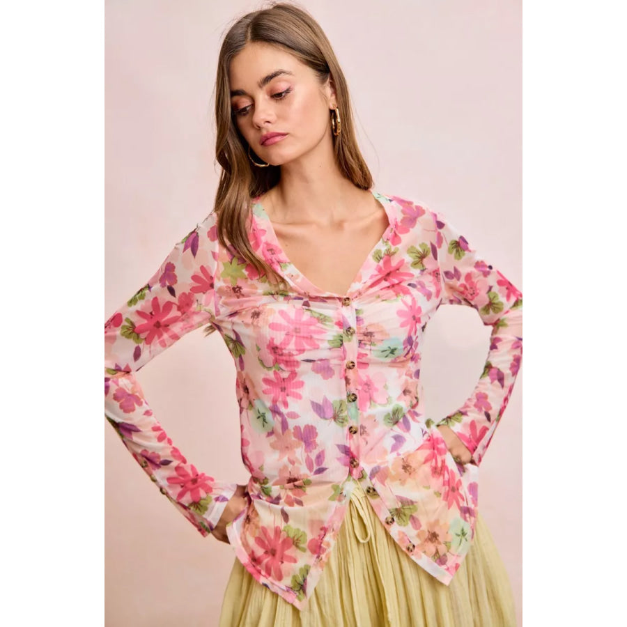BiBi Floral Shrried Detail Button Up Mesh Cardigan Top Apparel and Accessories