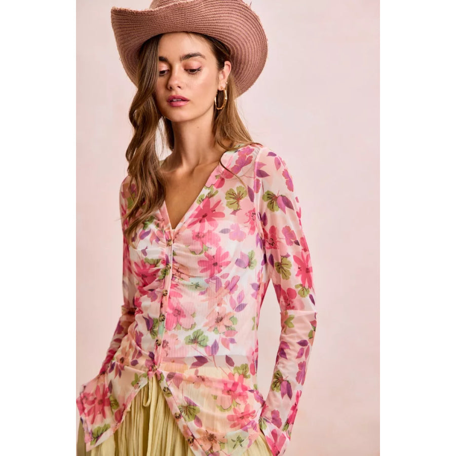 BiBi Floral Shrried Detail Button Up Mesh Cardigan Top PINK MULTI / S Apparel and Accessories