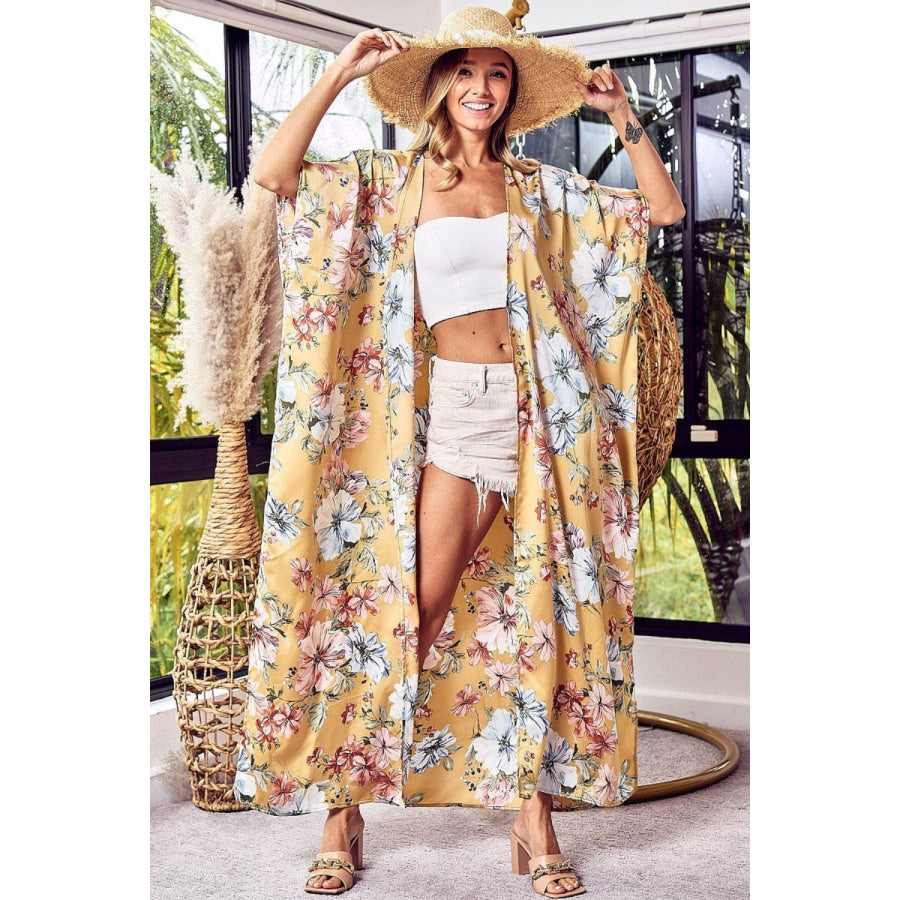 BiBi Floral Side Slit Longline Cardigan Mustard / S Apparel and Accessories