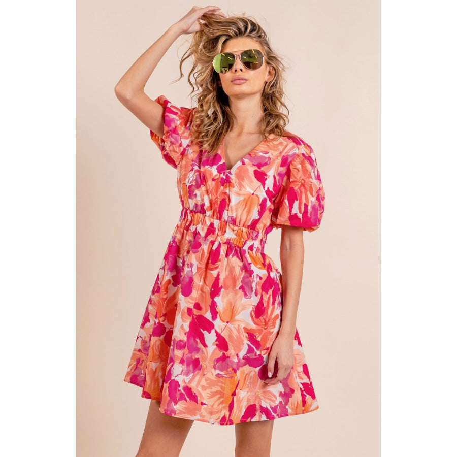 BiBi Floral V - Neck Puff Sleeve Mini Dress Apparel and Accessories