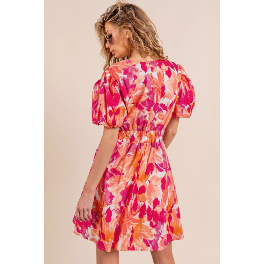 BiBi Floral V - Neck Puff Sleeve Mini Dress Apparel and Accessories