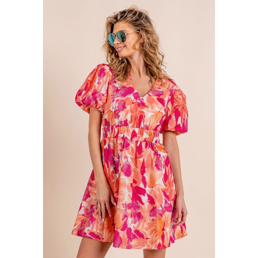 BiBi Floral V - Neck Puff Sleeve Mini Dress Orange/Fuchsia / S Apparel and Accessories