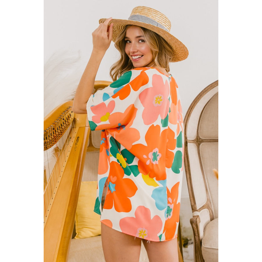 BiBi Floral V Neck Slit Side T - Shirt Cream/Orange/Blue / S Apparel and Accessories