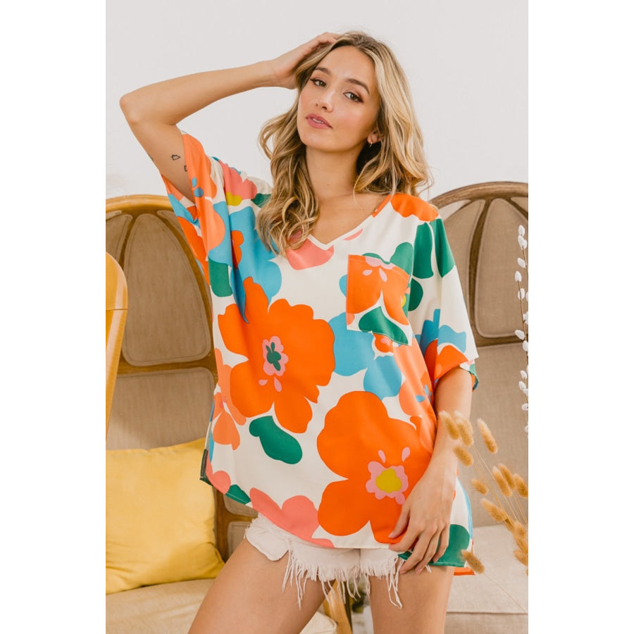 BiBi Floral V Neck Slit Side T - Shirt Cream/Orange/Blue / S Apparel and Accessories