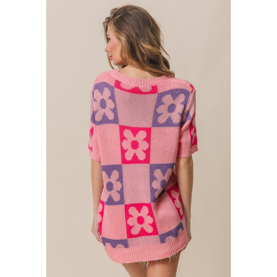 BiBi Flower Checker Pattern Short Sleeve Sweater Pink/Periwinkle/Fuchsia / S Apparel and Accessories