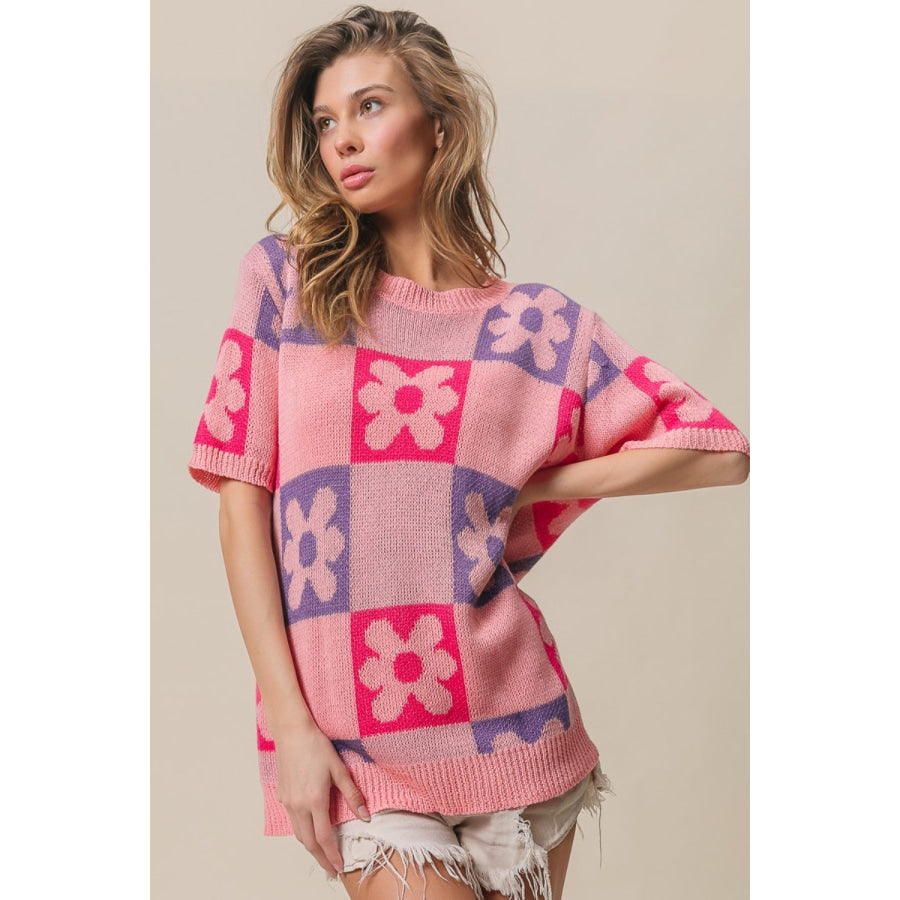 BiBi Flower Checker Pattern Short Sleeve Sweater Apparel and Accessories