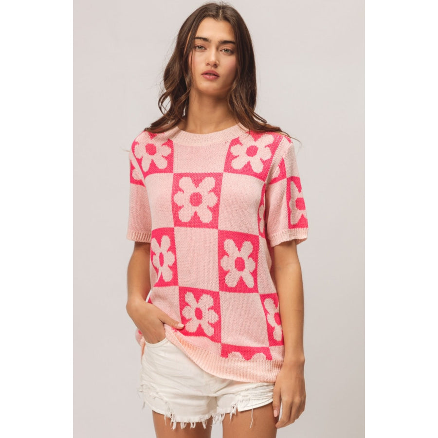 BiBi Flower Checker Pattern Short Sleeve Sweater Apparel and Accessories