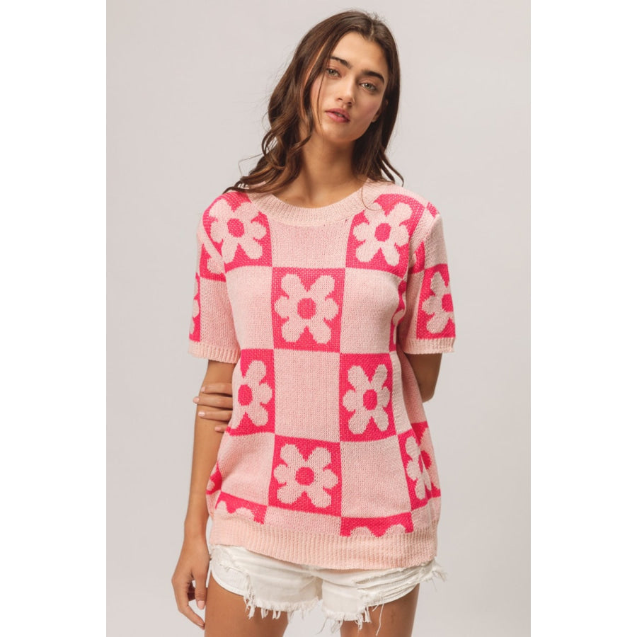 BiBi Flower Checker Pattern Short Sleeve Sweater Apparel and Accessories