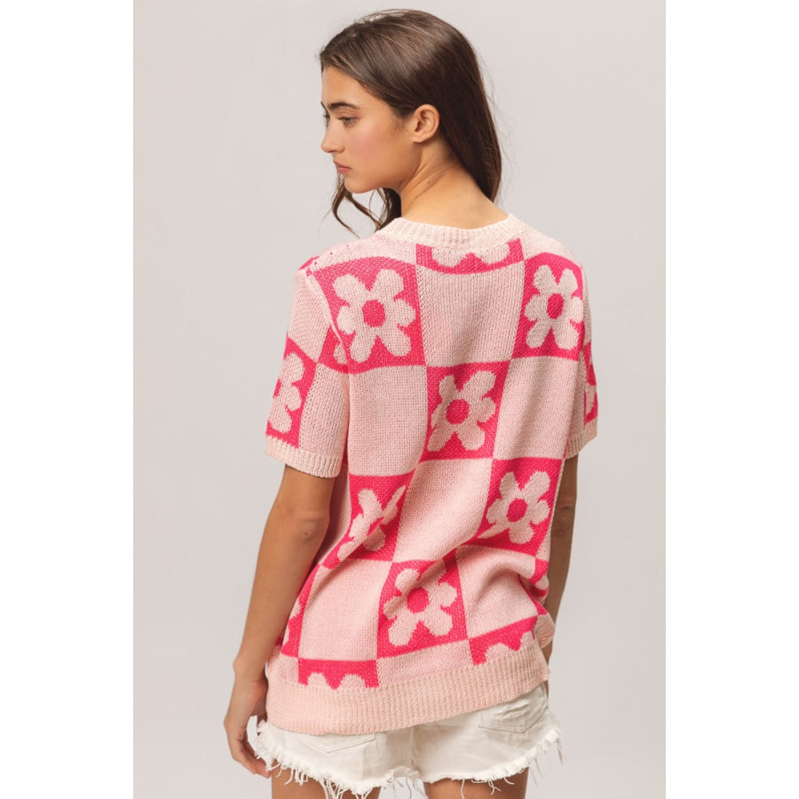 BiBi Flower Checker Pattern Short Sleeve Sweater Apparel and Accessories