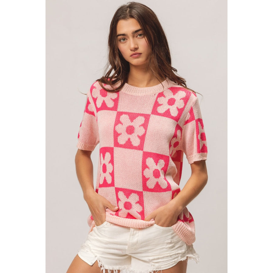 BiBi Flower Checker Pattern Short Sleeve Sweater Blush/Fuchsia / S Apparel and Accessories