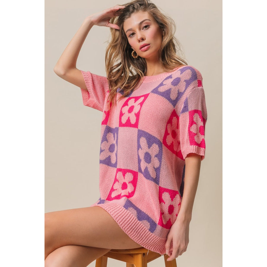 BiBi Flower Checker Pattern Short Sleeve Sweater Pink/Periwinkle/Fuchsia / S Apparel and Accessories