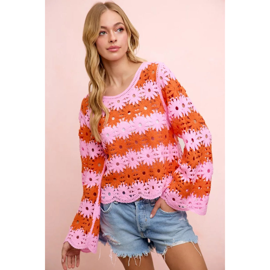 BiBi Flower Crochet Knit Top PINK/RED / S Apparel and Accessories