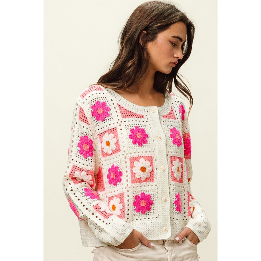 BiBi Flower Crochet Lace Button Up Cardigan Fuchsia Combo / S Apparel and Accessories