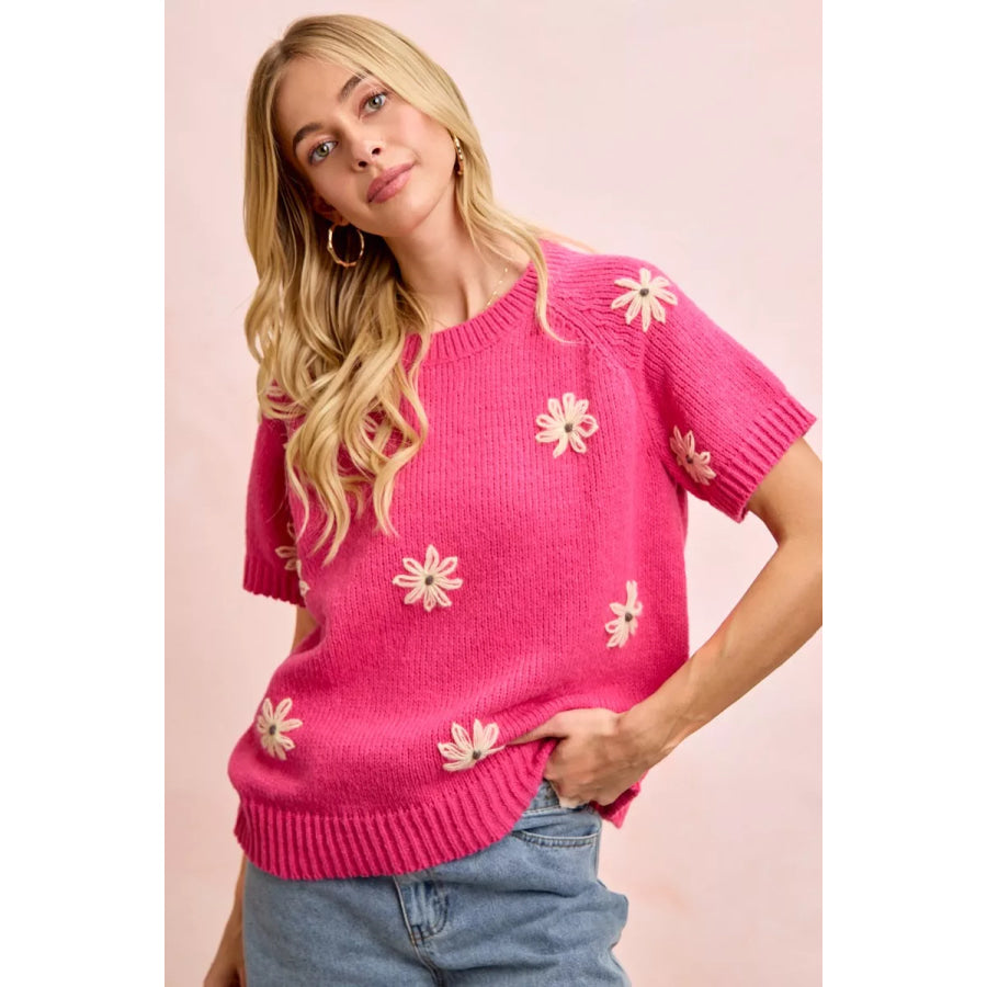 BiBi Flower Embroidered Short Sleeves Knit Top Fuchsia/Lemon / S Apparel and Accessories