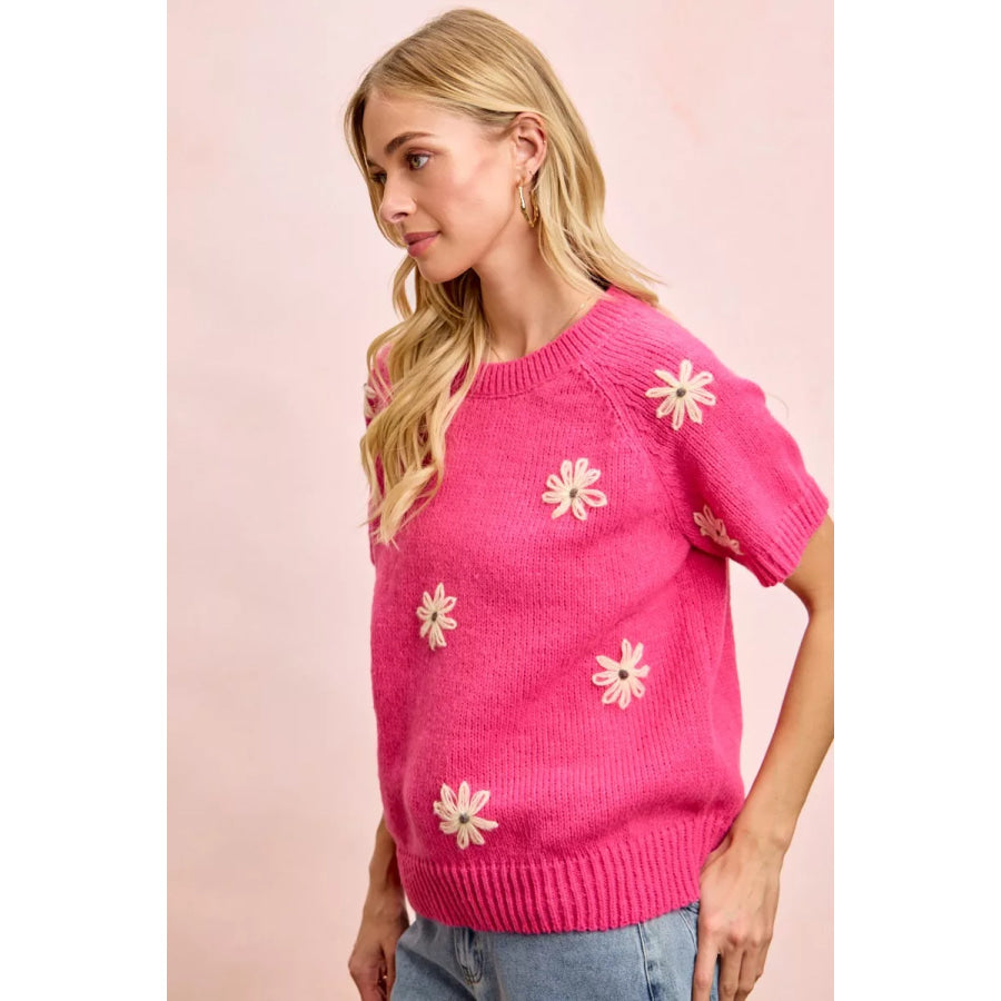 BiBi Flower Embroidered Short Sleeves Knit Top Apparel and Accessories