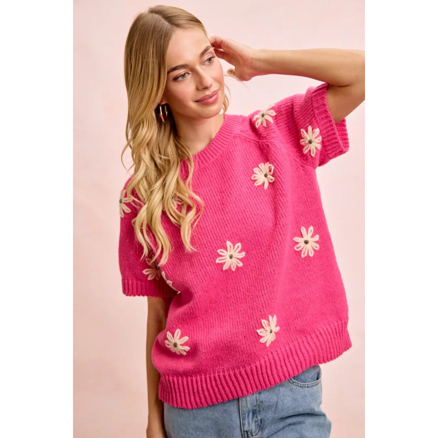 BiBi Flower Embroidered Short Sleeves Knit Top Apparel and Accessories